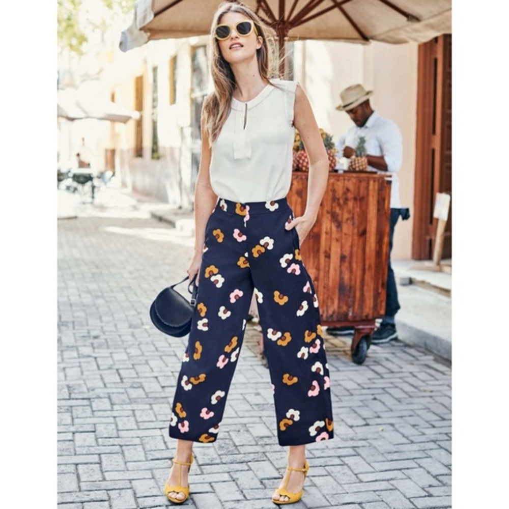 Boden Navy Blue Floral Crop Wide Leg Culotte Pant Sz 4P Boho Spring Chic Brunch